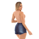 Shorts Feminino Premium Jeans Azul Escura Detalhes Puidos Barra Desfiada Tendência