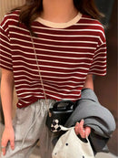 Camiseta listrada malha feminina , confortável, solta, respirável, gola redonda, manga curta verão