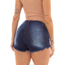 Shorts Feminino Premium Jeans Azul Escura Detalhes Puidos Barra Desfiada Tendência