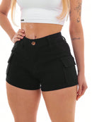 Shorts Sarja Cargo Premium Feminino Preto Black Fashion Trend Com Barra