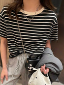 Camiseta listrada malha feminina , confortável, solta, respirável, gola redonda, manga curta verão