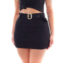 Mini saia feminina preta com cinto, detalhes de cintura alta preta com bolsos laterais