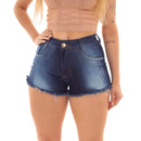 Shorts Feminino Premium Jeans Azul Escura Detalhes Puidos Barra Desfiada Tendência