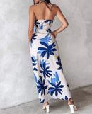 Vestido casual feminino com estampa de plantas, fenda e detalhe amarrado, bainha assimétrica, moda verão 2025