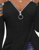 Top Feminino 2025 Moda Primavera Ombro Frio Corrente Decorado Recorte Strass Zíper Casual Simples Manga Longa Camiseta Diária Top