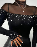 Blusa de gola alta, manga comprida, transparente, com patch de malha, corte slim, com contas, transparente