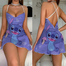 Mini camisola sexy sem costas, pijama estampado da Disney, suspensórios, lingerie, cetim de seda, roupas íntimas para casa