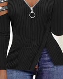 Top Feminino 2025 Moda Primavera Ombro Frio Corrente Decorado Recorte Strass Zíper Casual Simples Manga Longa Camiseta Diária Top