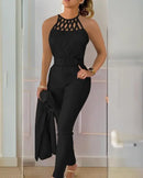 Conjunto de duas peças feminino Premium, roupa de verão 2025, gola redonda, sem mangas, regata e bolso casual.