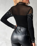 Blusa de gola alta, manga comprida, transparente, com patch de malha, corte slim, com contas, transparente