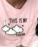 Conjunto de duas peças feminino, moda primavera 2025, estampa gráfica, gola redonda, manga comprida, blusa e bolso casual, conjunto de pijama para casa