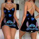 Mini camisola sexy sem costas, pijama estampado da Disney, suspensórios, lingerie, cetim de seda, roupas íntimas para casa