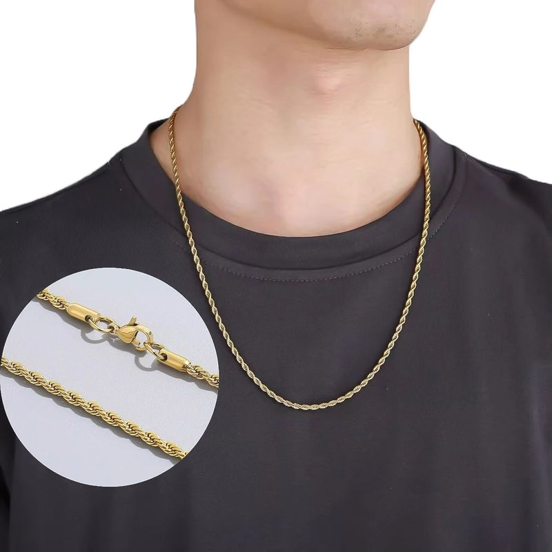 Colar Masculino Dourado de aço inoxidável genuíno com cordão