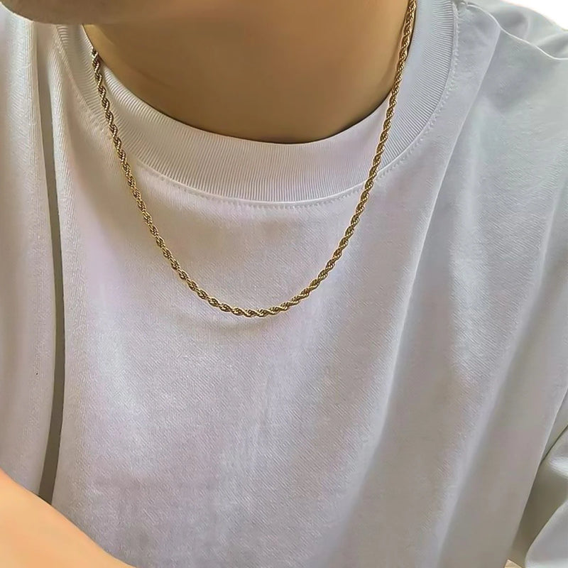 Colar Masculino Dourado de aço inoxidável genuíno com cordão