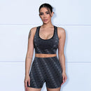 Roupa de ioga feminina, sem costura, estampa de letras, elegante, curta, cintura alta, levantamento de quadril, corrida